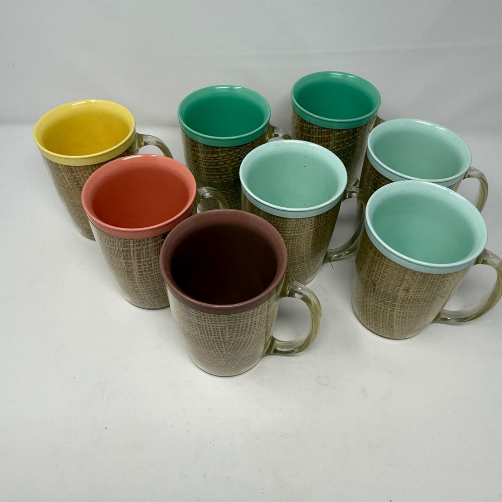 Set of 8 Vintage Raffiaware Coffee Mugs‎ Thermal Insulated Burlap 4.5" MCM 12oz